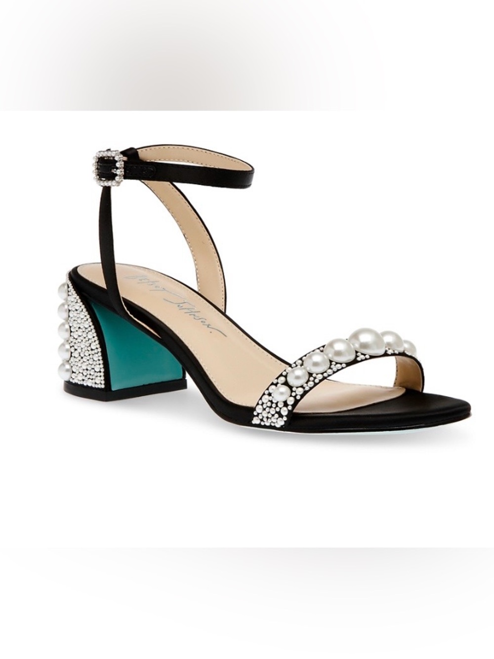 BETSY JOHNSON Embellished Pearl Ankle-Strap Sandal in Black. Classy! NIB